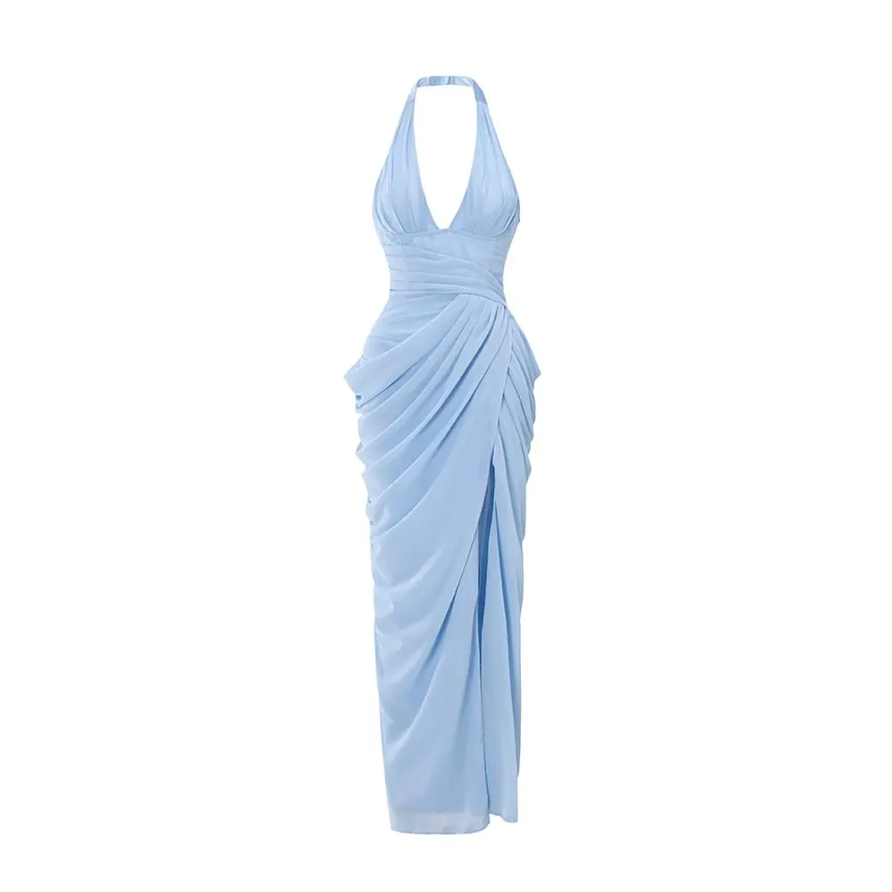 Suninheart Sexy Halter Corset Evening Dress Mesh Bodycon High Slit Long Prom Gown Ruched Sexy Wedding Guest Party Dress