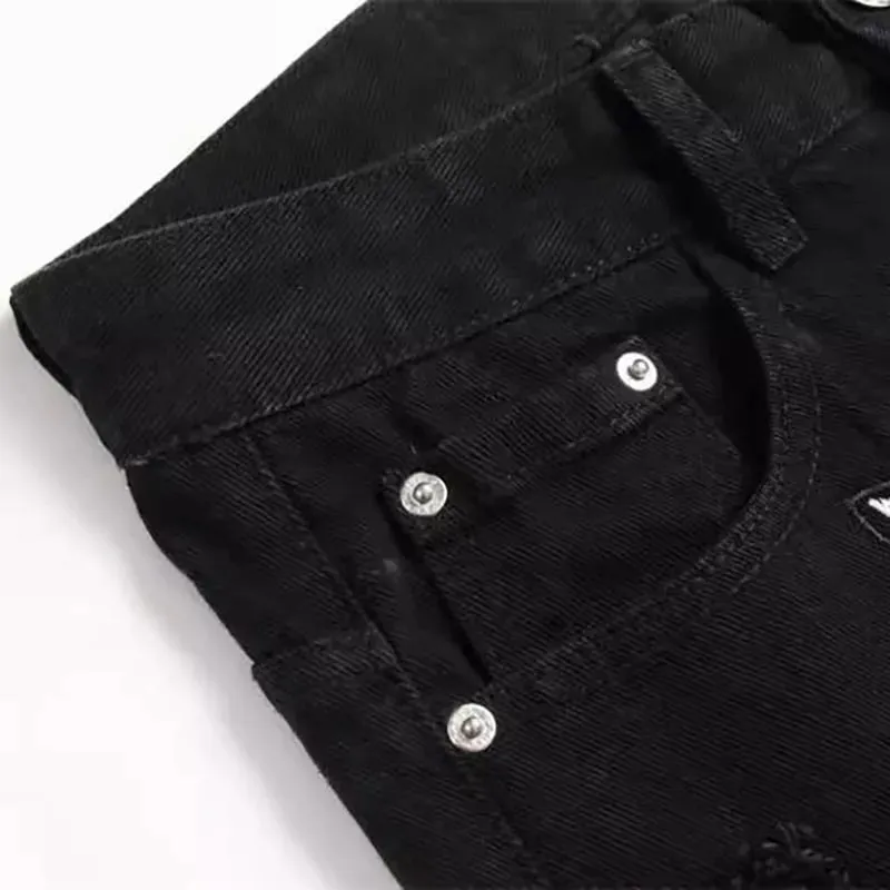 Autumn And Winter Retro Black Ripped Jeans Men'S Straight Leg Pants Pentagram Patch Casual Jeans Pants