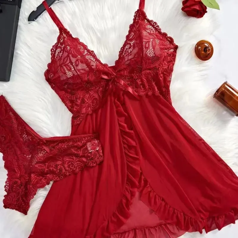 A Set Of Woman Underwear Nightgown Thong Sets Plus Size Suspender Lace Lingerie Sexy Accessories Erotic Bra Nightdress