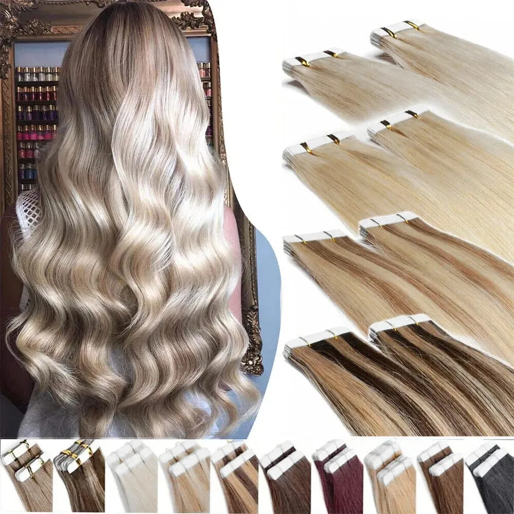 Echthaar-Extensions, Tape-Ins Nr. 613, blond, Tape-In-Haarverlängerungen, Echthaarfarbe, gebleichtes Blondes, Hauteinschlagfaden, nahtloses Tape-Ins