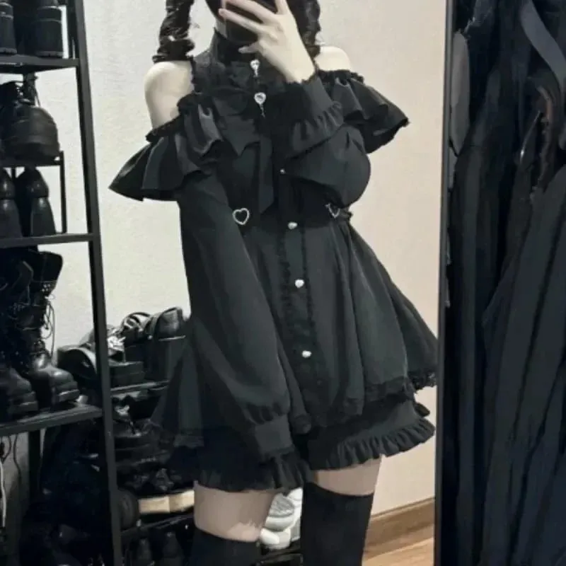 Gotisk vintage blonde Y2k minikjole Dame Design Streetwear Sort Lolita Slank kjole Langærmet Elegant Kjole Krydret piger