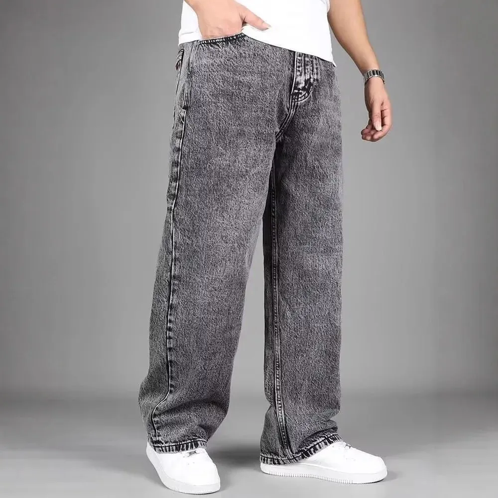 Men Vintage Acid Wash Wide Leg Jeans Loose Baggy Straight Denim Pants Retro Gray Washed Casual Streetwear Long Trousers