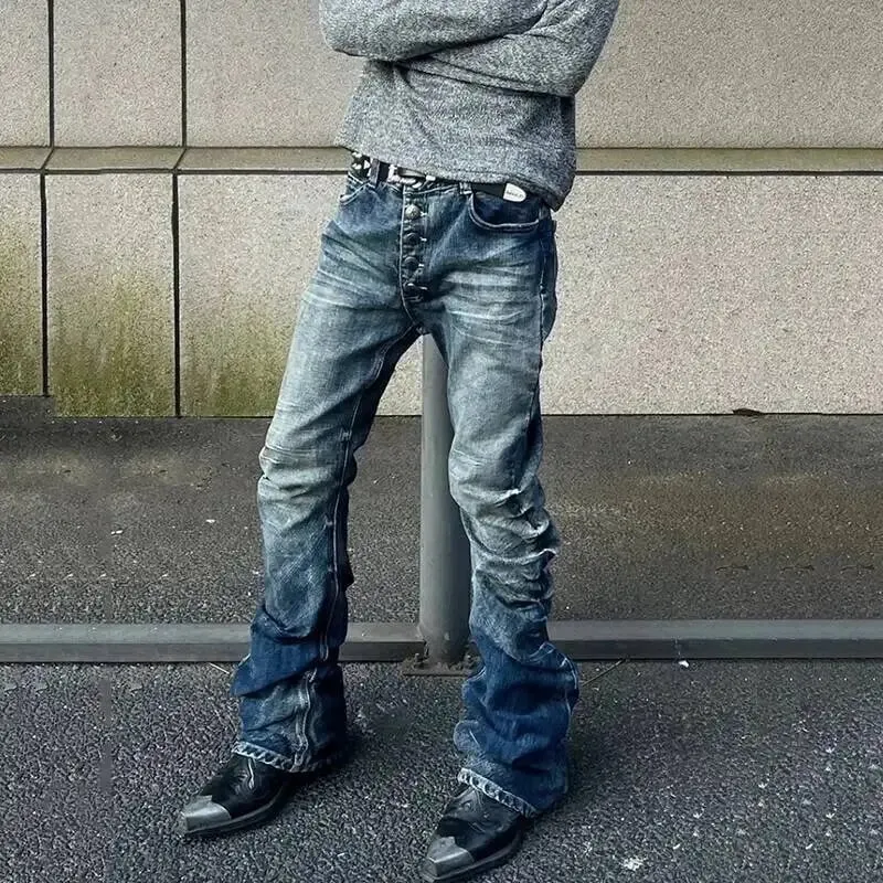 Amerikai stílusú férfi farmer nadrág mosógombos kivitel, redőzött bő farmer kontraszt színű alkalmi férfi alsó vintage 4K5156
