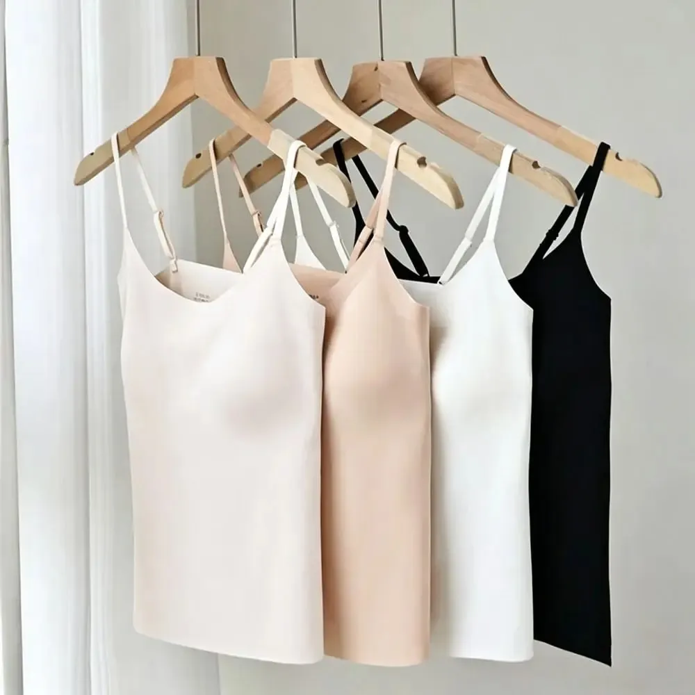 M-XL Summer Ice Silk Camisole Top With Build-in Bra Women Plus Size Long-Length Tank Tops One-Piece Slimming Tanks Bra Underwear