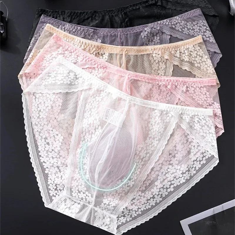 Men Ice Silk Lace Underwear 3D Convex Bag Plus Size Sexy Lingerie Calzoncillos Hombre Tangas Breathable Male Sleepwear