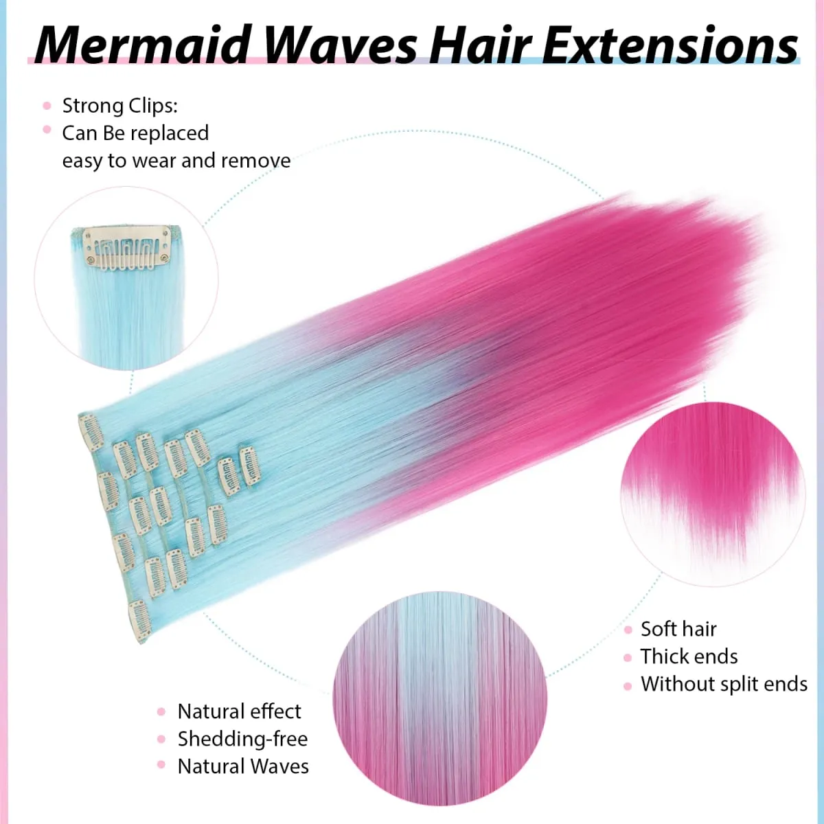 Synthetic Clip in Hair Extensions 7pcs/set Ombre Sky Blue to Hot Pink 22inch Colorful Clip in Hair Multi Styles Straight/Wavy