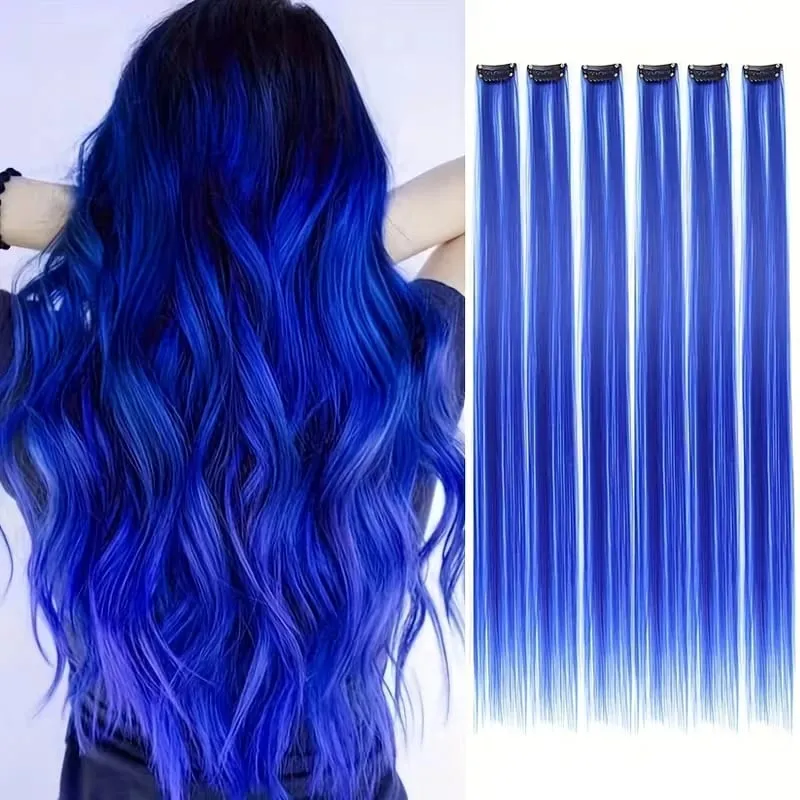 22Inch Synthetic 6pcs Long Straight Hair Extension Colored Rainbow High-Temperature Fiber Hairpiece for Women Daily Party Use
