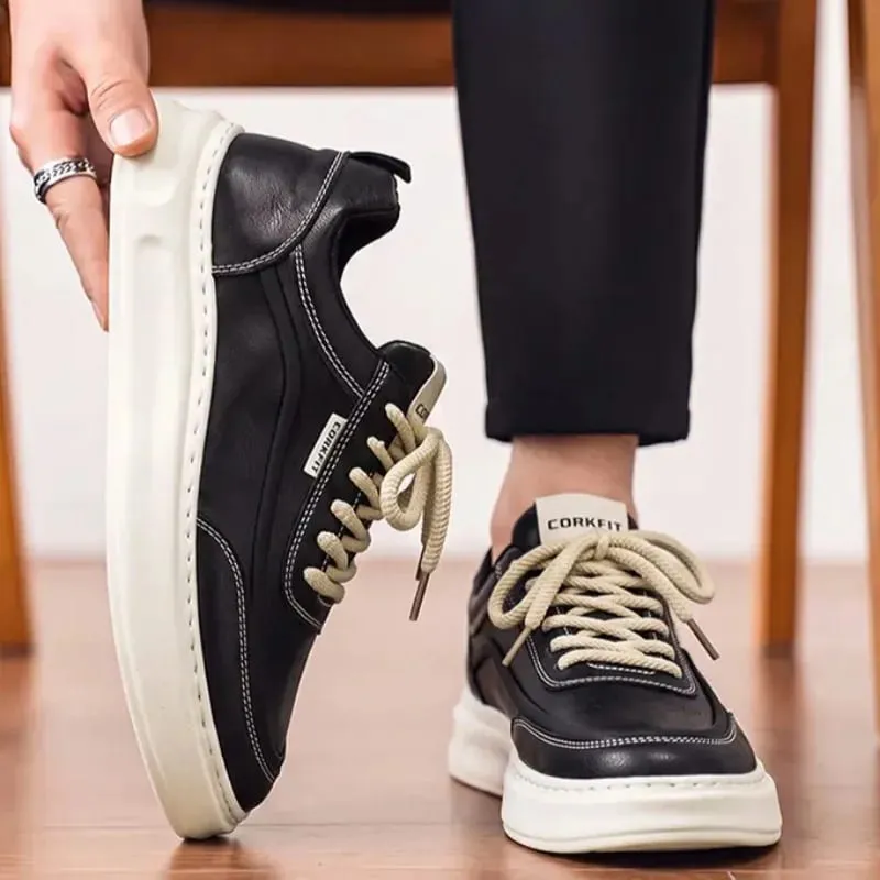 Men Sneakers Spring Summer Casual Board Shoes Smooth Texture Thick Sole Lace Up Minimalist Daily Footwear