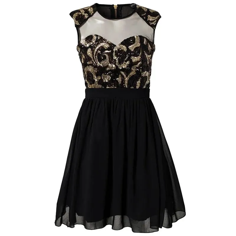 Elegant Vintage Black Mesh Insert Skater Dress Sexy Peplum Dress New Fashion Summer Dress Women Casual Chiffon Dress