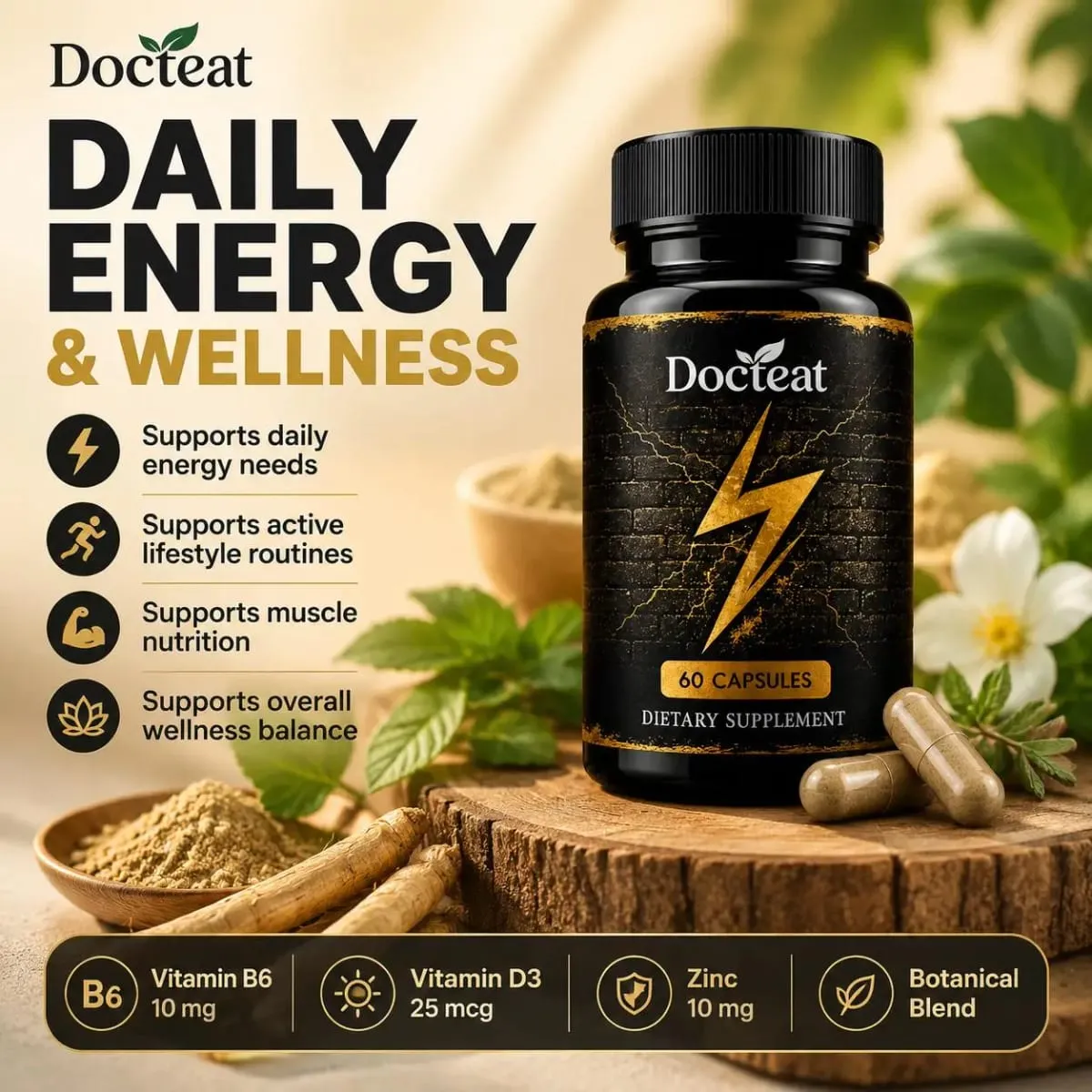 Docteat Men's Energy & Vitality Capsules with B6 D3 Zinc Ashwagandha L-Citrulline Panax Ginseng Daily Support 60 Capsules