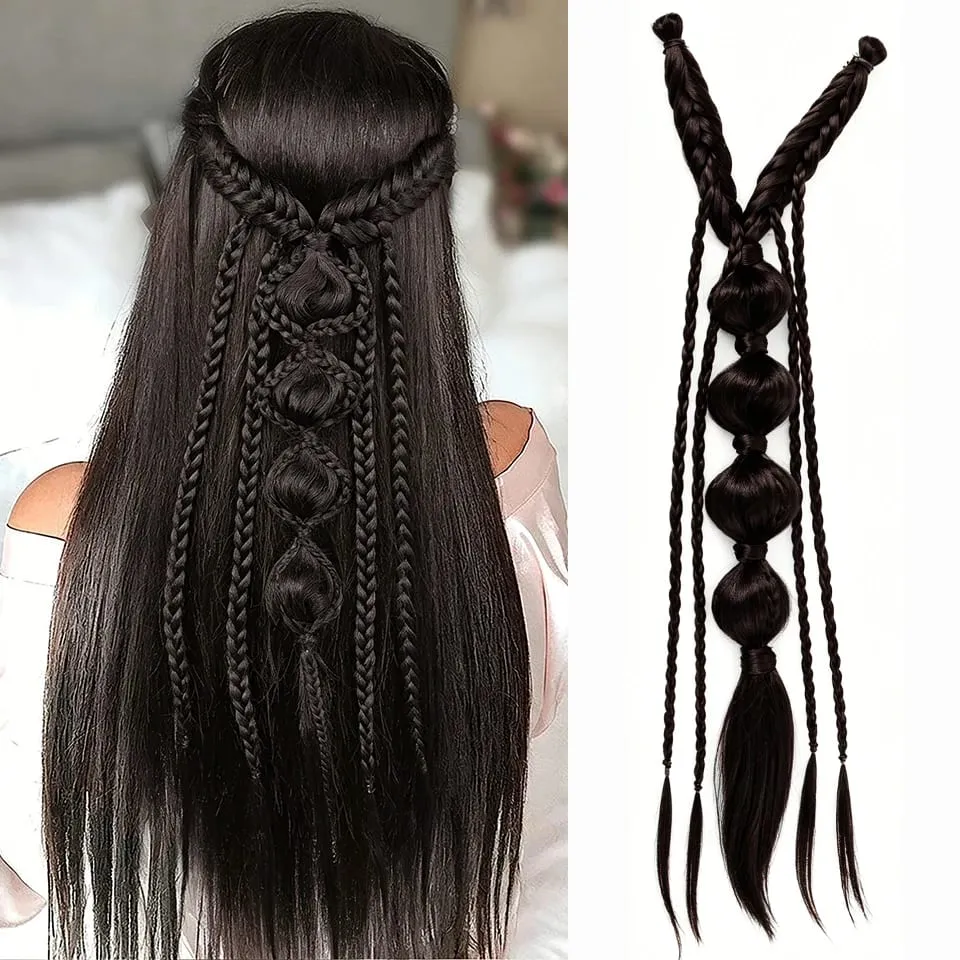 Synthetic Long Twist Braid Bubble Ponytail Extensions With U-shaped BB Clip 24 Inch Braided Wig Extensions For Women Daily Party