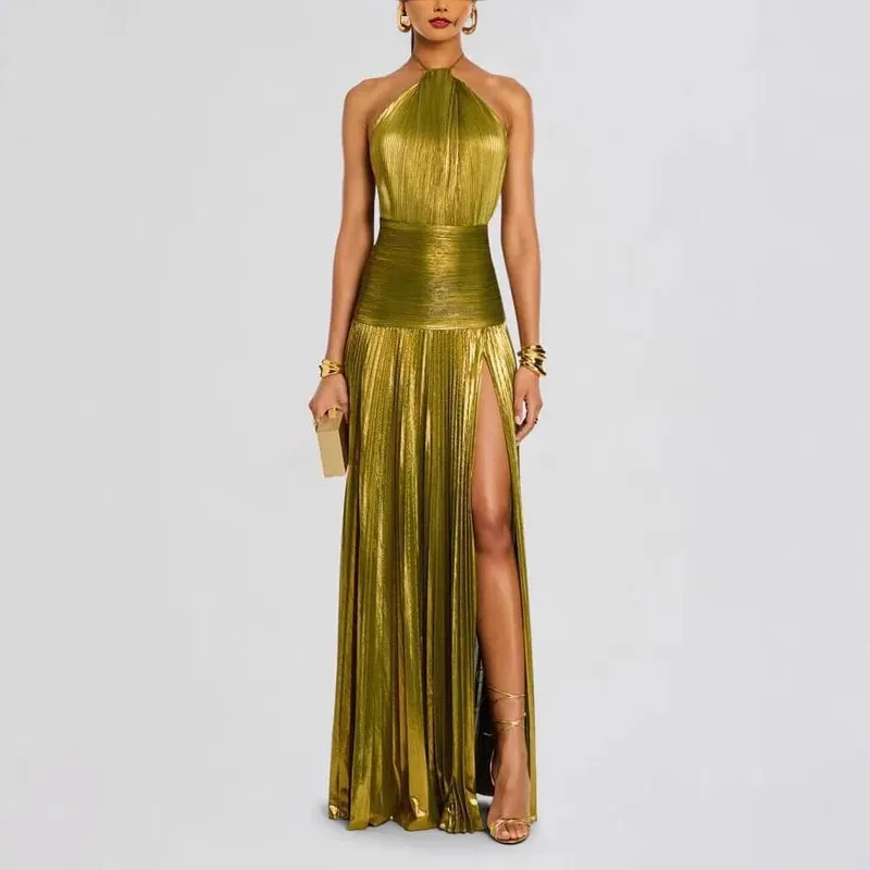 Elegant Sexy Off Shoulder Halter Pleated Slit Maxi Dress Luxury Corset Gold Evening Cocktail Dresses For Women Party Prom Gown