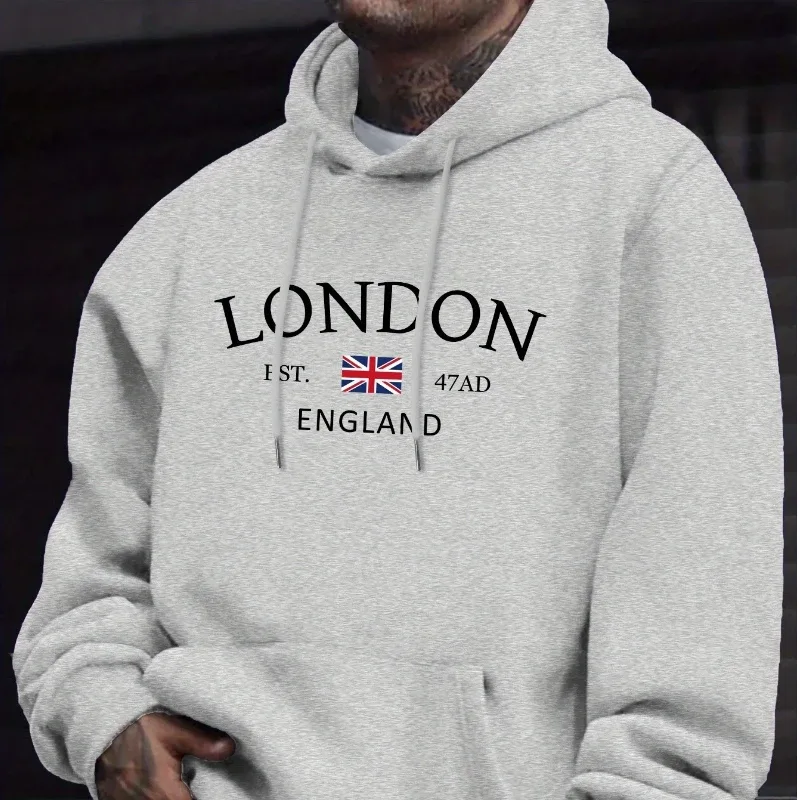 London Fashion Print Hoodies For Men Casual Autumn Winter Casual Sweatshirt Kangaroo Pocket Long Sleeve Autumn/Winter Simple