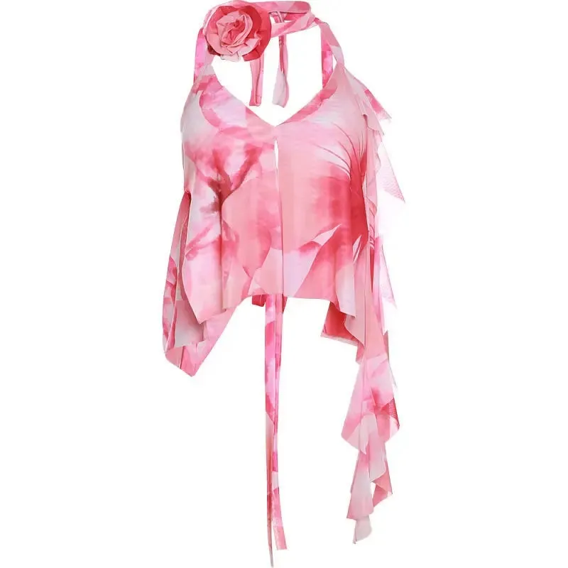 Pink Y2K Crop Tops Printed Sleeveless Sexy Slim Tank Tops Summer New Sweet Cute Casual Party Beach Tank Top Women Clothing