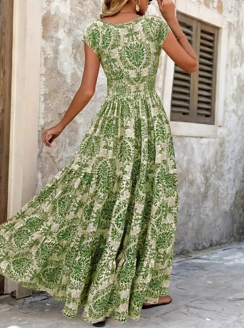 2026 Đầm In Hình Vintage Thời Trang Và Thanh Lịch Cổ Chữ V Tay Ngắn Jumpsuit Váy Dài Nữ