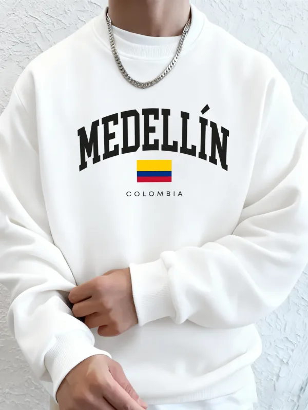 Medellin Colombia Letter And Flag Printed Men'S Hoodies Comfortable Fleece Sweatshirts Soft Fashion Tops Street Warm Clothes