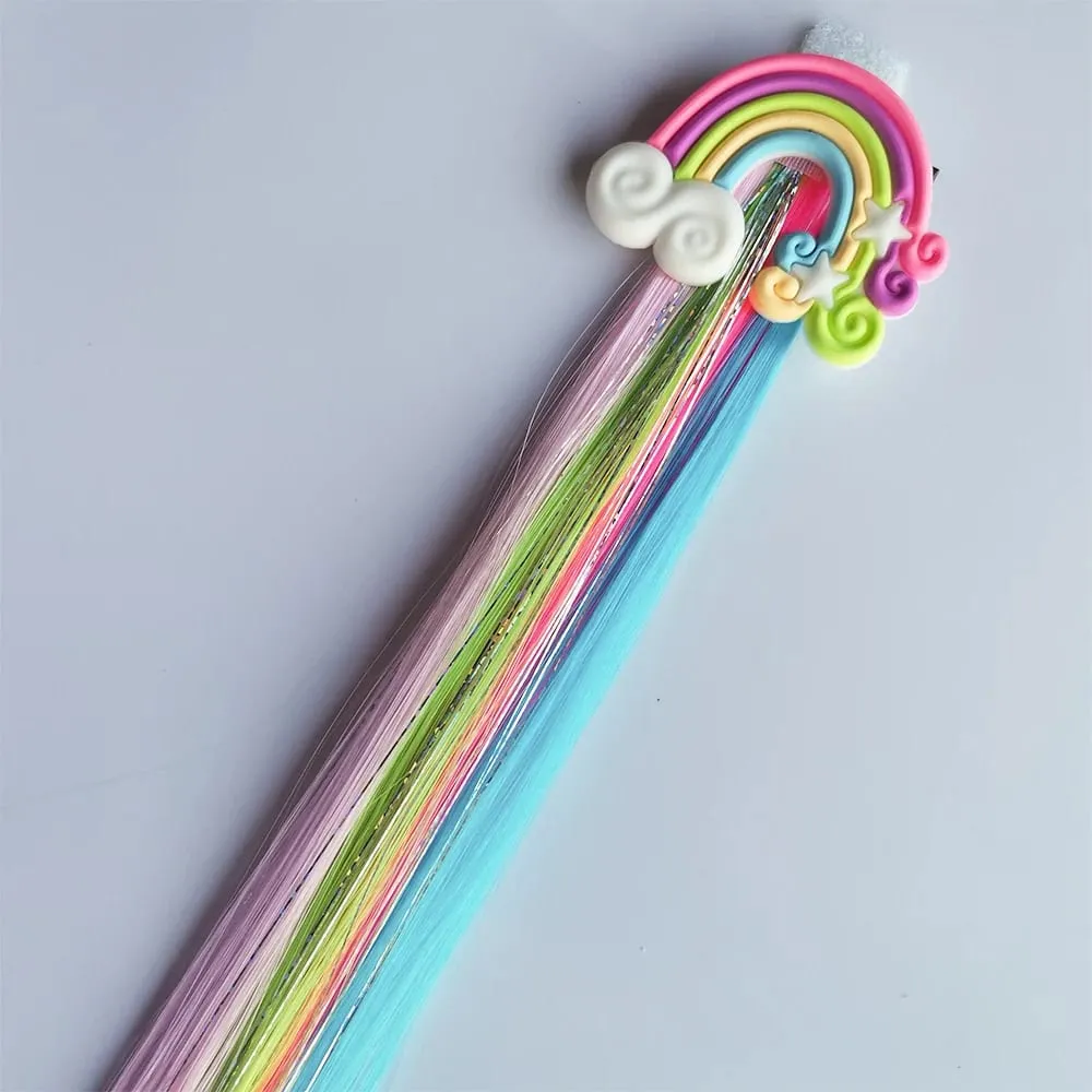 6pcs Clip in Curly Hair Extensions Rainbow Color Hairpieces with Cute Alligator Clip Bows for Girls-Great for Gifts Holidays