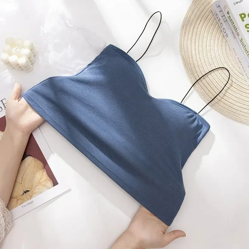 Atasan Vest Musim Panas Wanita Tanpa Lengan Kapas Atas Tiub Berbalut Tapak Rompi Atasan dengan Pad Payudara Atasan Anjal Lembut Yang Boleh Ditanggalkan Lancar