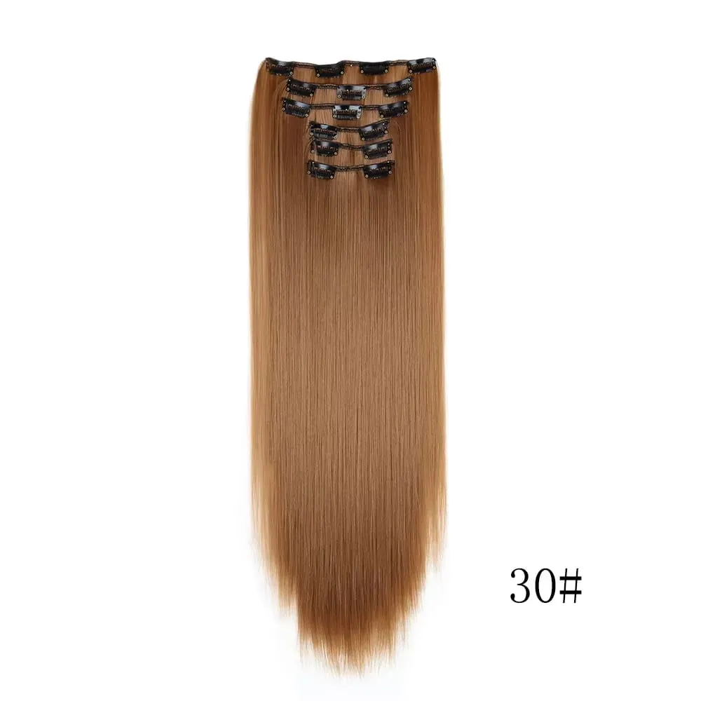 24 Inches Long Synthetic Hairpieces for Women 6Pcs Medium Brown Blonde Highlights Clip In Natural Thick DIY Styling Fiber Hair