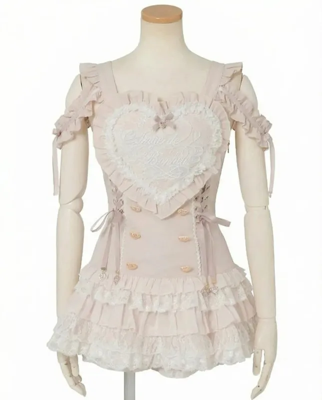 Jirai Kei Dark Sweet Lolita Mini Dress Women Bowknot Lace Puff Corset Heart Ruffle Cake Skirt Japanese Kawaii Harajuku Fashion