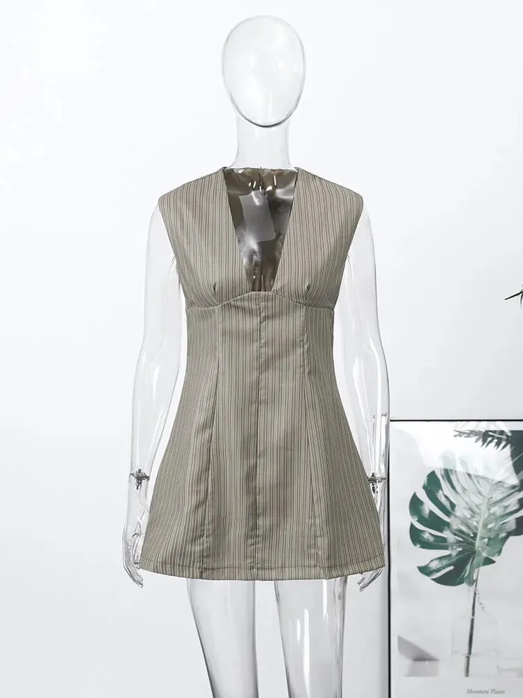 Casual Stripe Sleeveless Mini Dresses Women's Slim Waist-cinching V-neck Dress 2026 New Ladies Spring Summer Solid Outwear