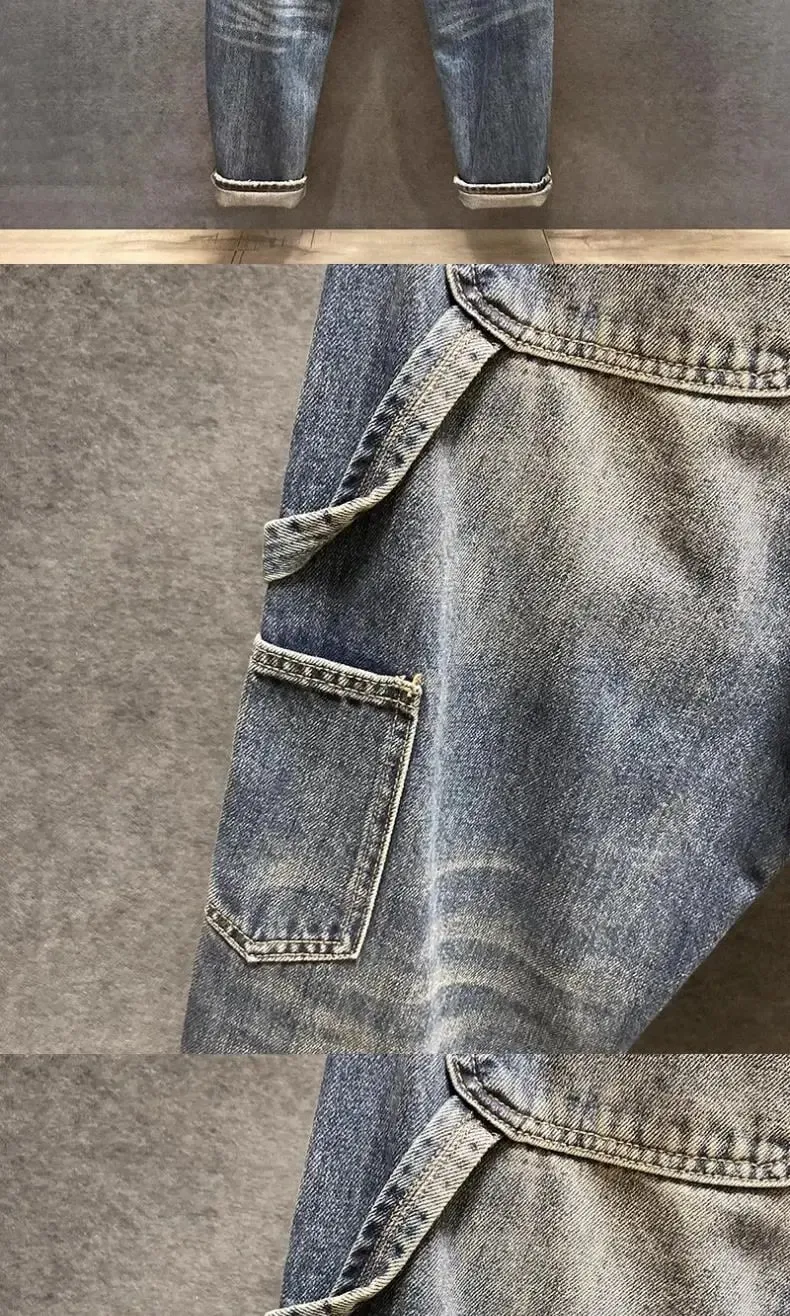 Original Luxury Brands Clothing Punk Handsome Design Trendy Brand Pants Men's Loose Straight Sticker Splicing Logging Work Jeans