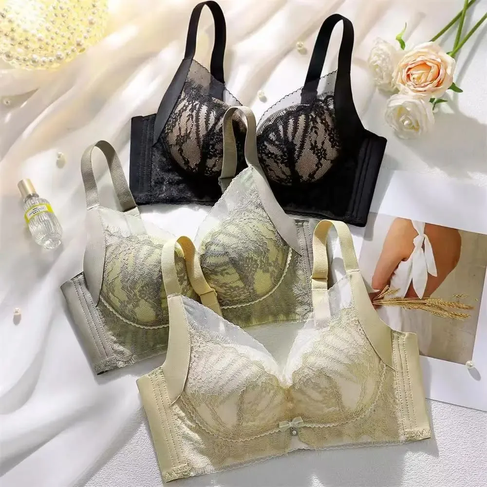 Sutiã push-up de renda bordado sexy feminino respirável ajustável lingerie anti-flacidez sem copo vazio para conforto de suporte
