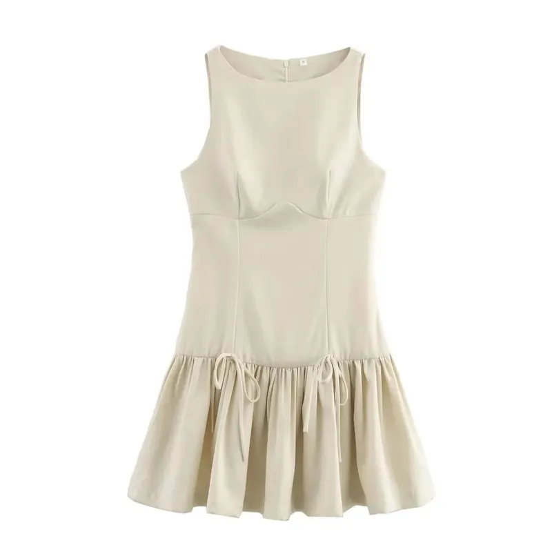HH สตรีแขนกุดกลับซิปชุดมินิ Ruffle Hem Bow O คอชุดเดรสแขนกุดเซ็กซี่ Casual Beach ชุดปาร์ตี้วันหยุด