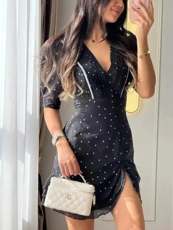 Women Floral Printed V-neck Mini Dress Fashion Half Sleeve High Waist Ruffle Slim Dresses 2026 Summer Elegant Lady Vacation Wear