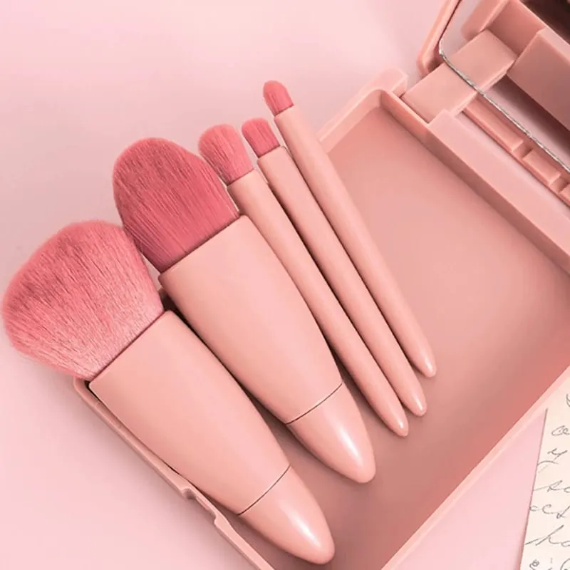 【B】5Pcs Makeup Brushes Set Mini Makeup Brushes Small Complete Function Cosmetic Brushes Kit With Case And Mirror