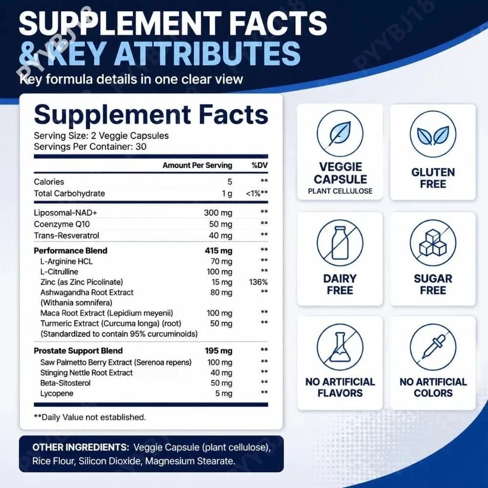 NAD+ Men's Complex Capsules 1000mg with CoQ10 Resveratrol Cellular Energy & Vitality Supplement Supports Muscle Health 60 Count