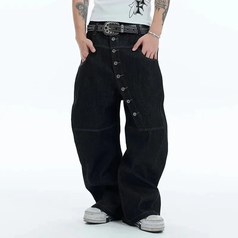 Korean High Street Buckle Curved Jeans Autumn Men'S Loose Straight Leg Pants Black Wide Leg Pants Casual Pants Hip-Hop Pants