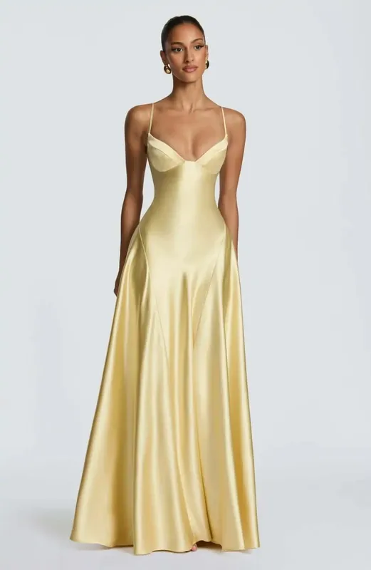 Butter Yellow Women Satin Slip Maxi Dress Elegant Spaghetti Strap A-line V Neck Waist-cinching Summer Lady Formal Evening Gown — image 9