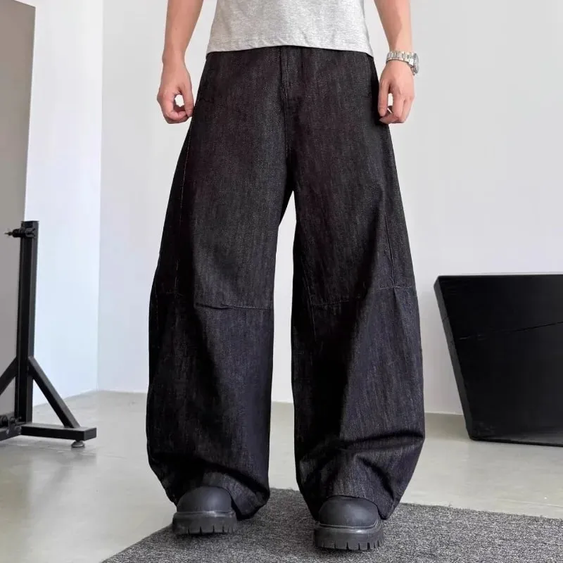 Unisex Curved Blade Baggy Jeans Street Black Raw Denim Oversized Wide Leg Banana Pants Vintage Minimalist Hip Hop Denim Trousers