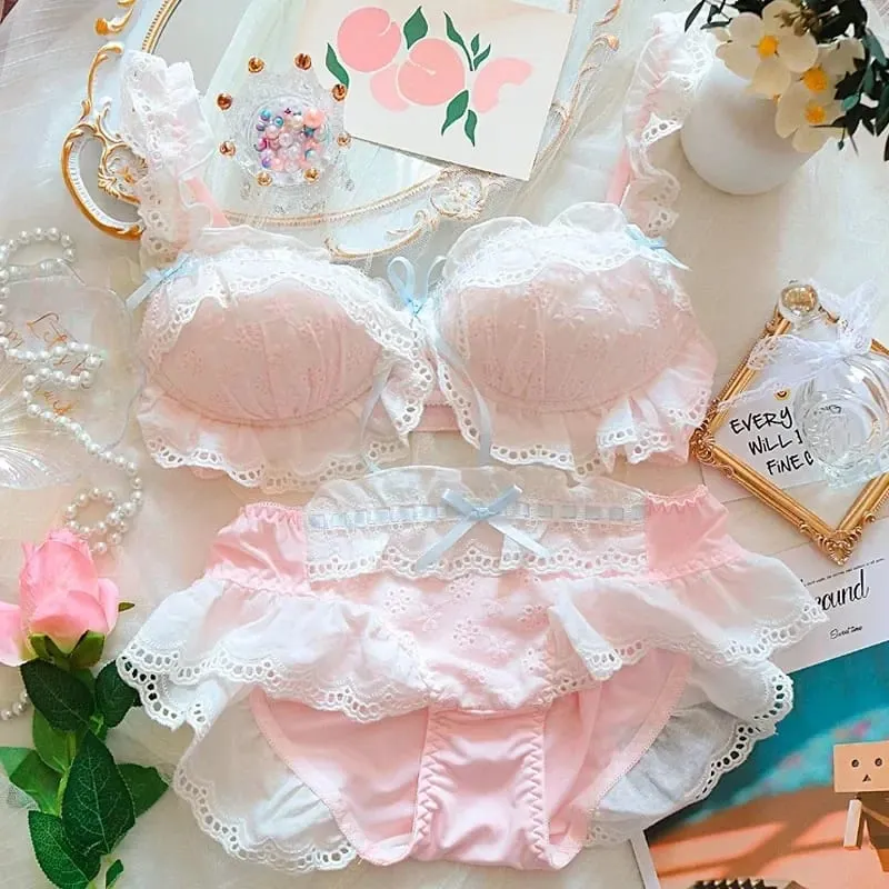 Japanese Sweet Girl Lingerie Set: Ruffles Embroidery Cotton Micro-Gather Bra & Panty with Cute Bow