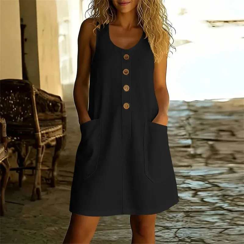 Summer Casual O Neck Button Pocket Beach Holiday Dress Women Fashion Sleeveless Mini Dresses For Women Loose Party Dress