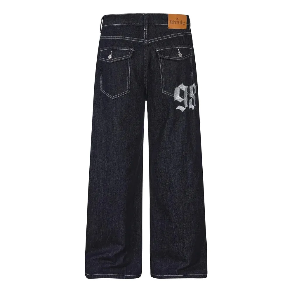 Men's Jeans High Street Trendy Vibe Workwear Letter Floral Embroidery Unique Loose Wide-Leg Trousers 2026 Autumn 17559