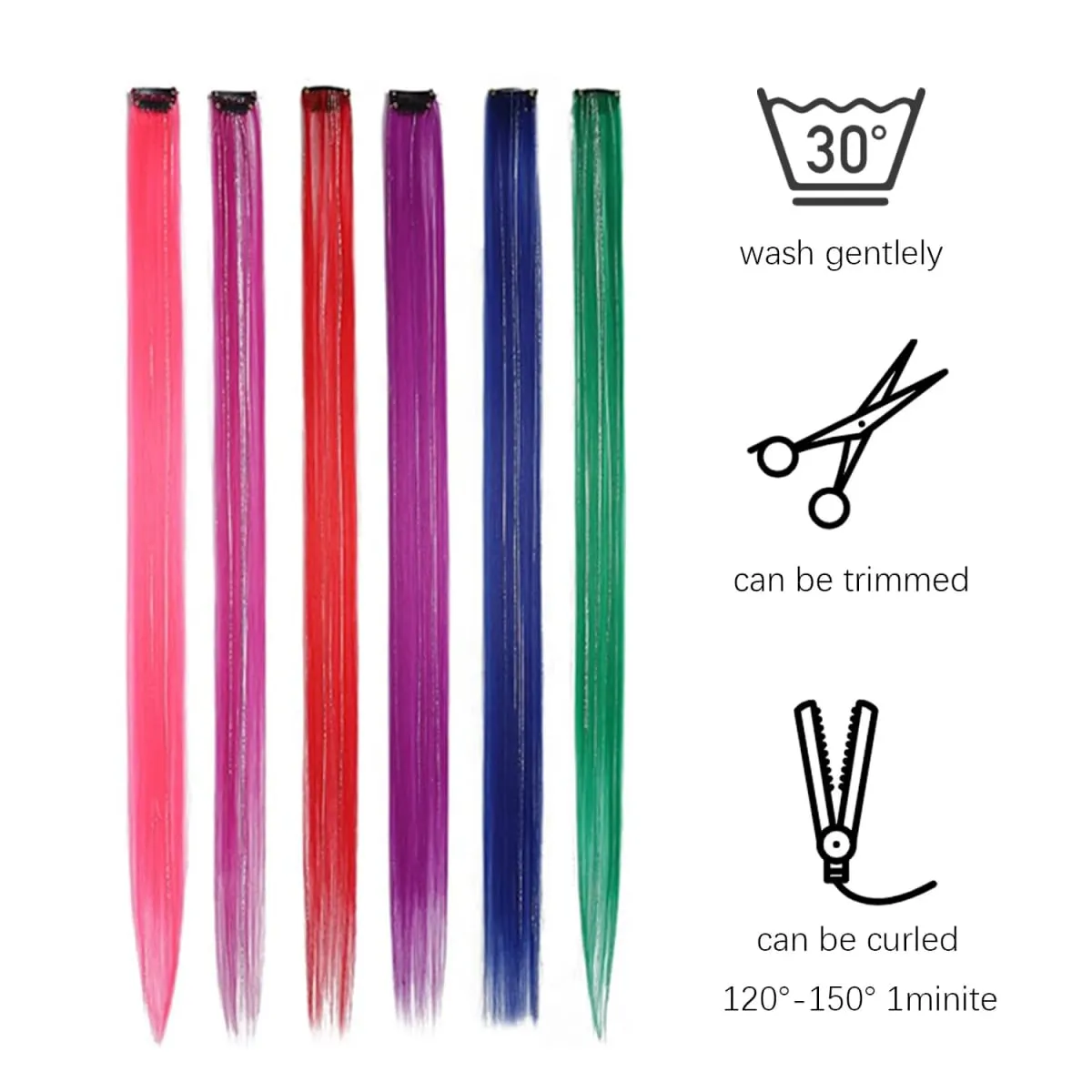 Synthetic Clip in Hair Extensions for Girls 22 inch Multi-colors 6pcs/pack Rainbow Straight Hair Synthetic Hairpieces