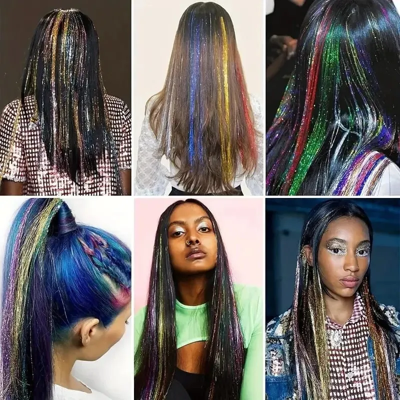 Sparkle Hair Tinsel Synthetic Rainbow Colored Strands Girls Headwear Hairbinge Hair Laser False Hair Extensions Decor Glitter