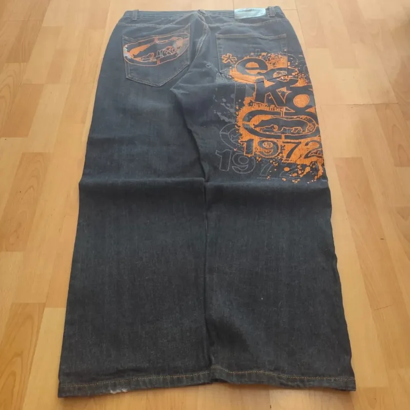 Y2K Vintage Baggy Jeans Men Orange Graffiti Print Wide Leg Skate Pants Retro 90s Hip Hop Streetwear Dark Denim Trousers