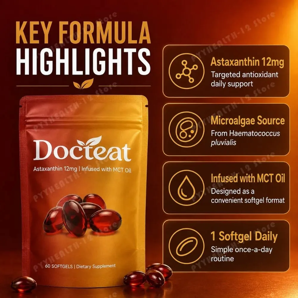 Astaxanthin 12mg Softgels Triple Strength Antioxidant Eye Skin Health Support Microalgae MCT Oil 60 Softgels Dietary Supplement
