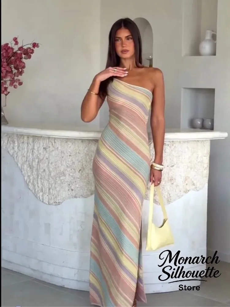 Color Blocked Printed Long Dress Women Elegant Off Shoulder Waist Cinching High Split Vestidos 2026 Lady Daily Vacation Wear New