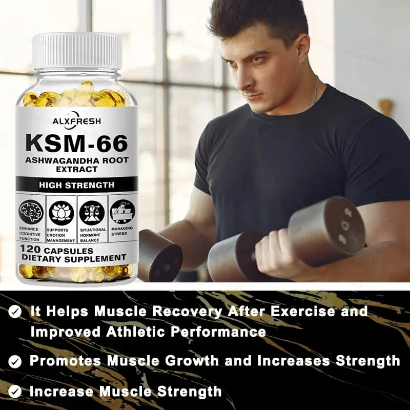 Natuurlijke organische Ashwagandha KSM-66 supplementencapsules voor stressverlichting Focus Hersenenergie Ondersteuning Slaapgezondheidssupplement