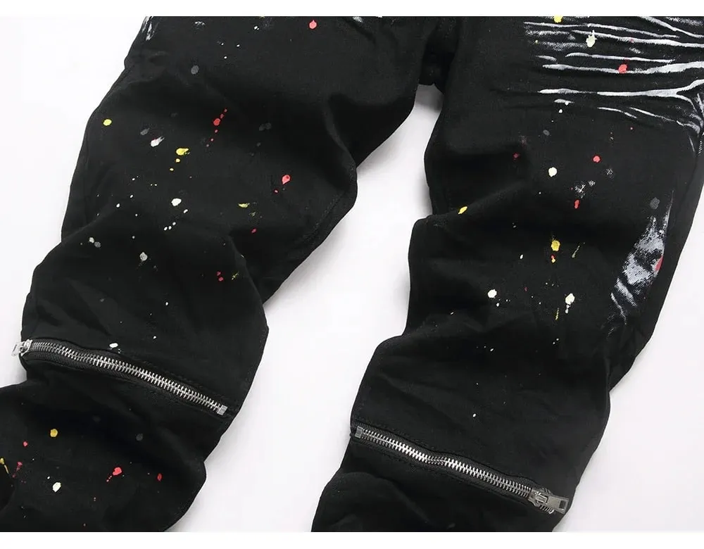 Men Painted Slim Tapered Jeans Punk Zipper Black Stretch Denim Pants Casual Streetwear Trousers