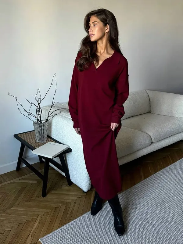 Hirsionsan Gaun Sweter Leher Polo Longgar Musim Gugur Musim Dingin Lengan Panjang Gaun Rajut Solid Elegan Lembut Wanita Pakaian Baru 2025 Wanita