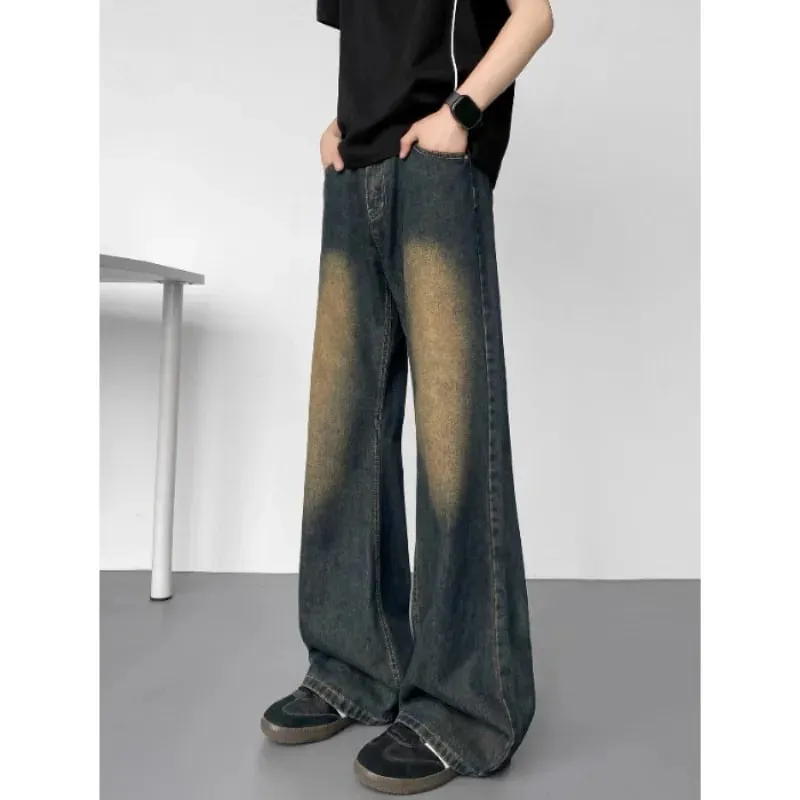 New American Vintage Washed Distressed Men's Jeans Baggy Jeans Micro Flare Retro Streetwear Hip Hop Trousers