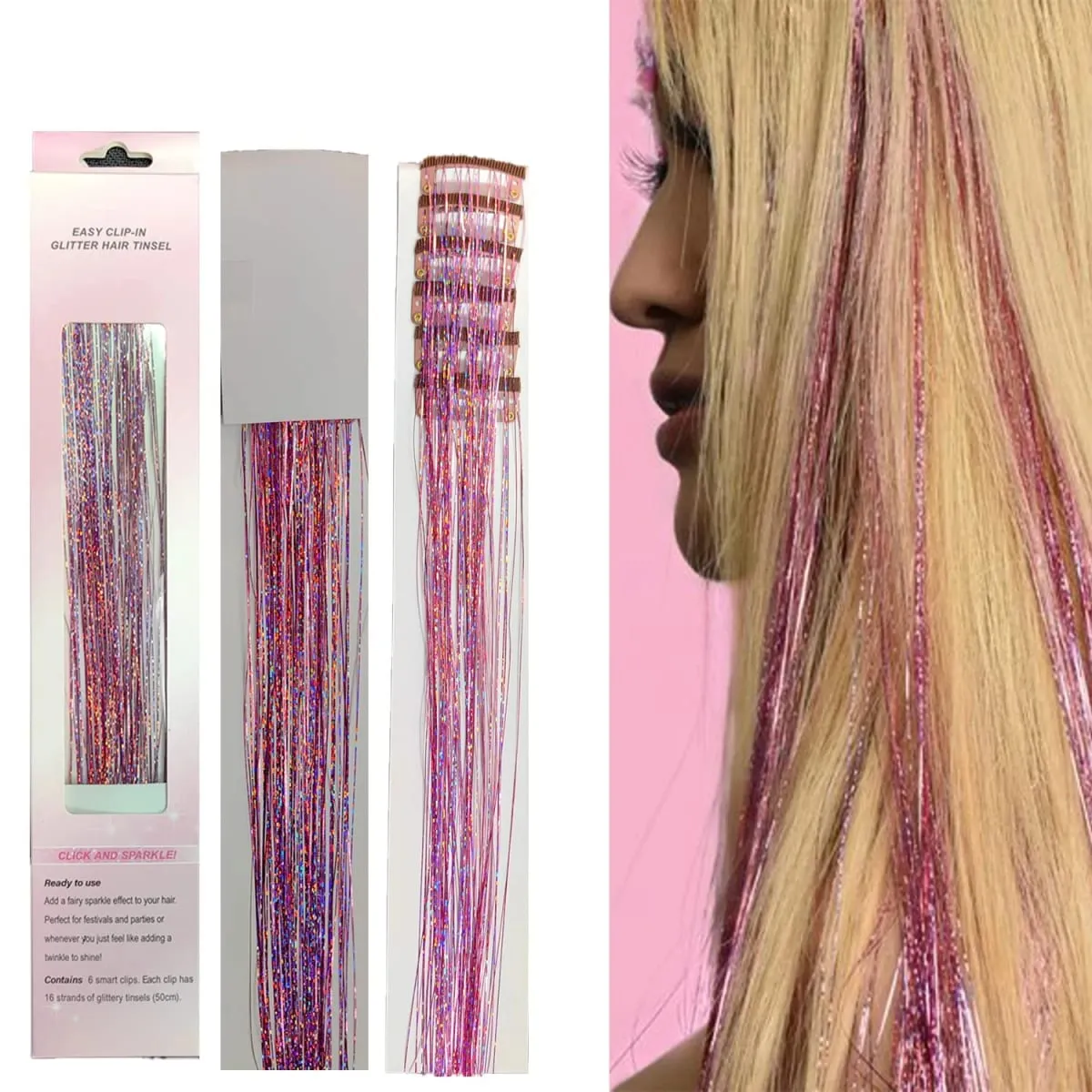 12PCs Clip in Hair Synthetic Tinsel Kit Holographic Hair Tinsel Shining Gold Professional Sparkle Heat-Resistant Silk Extensions