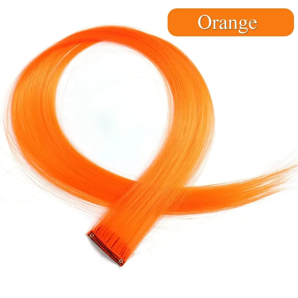 Colored Hair Extensions Synthetic 22Inch Straight Orange Green Clip in Hair Extension Rainbow Accessories Party Highlights Hair