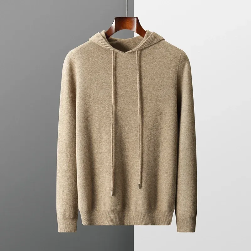DjzDsm 100% Merino Wool Men's One-piece Ready-to-Wear Hoodie Knitted Sweatshirt Autumn Winter Casual Large Top Long Sleeved