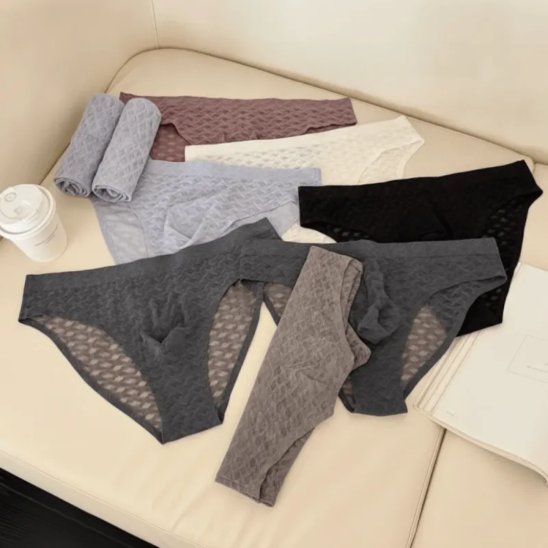 Panties Mesh Thin Men's Underwear Transparent Low Waist Ice Silk Underpants Bubble U Convex Pouch Men Triangle Briefs Male